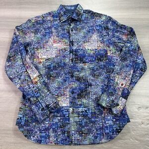 Lansky Bros‎ Shirt Mens Small Blue Multicolor Abstract Print Button Up Memphis